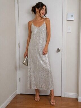 SPARKLY SILVER SEQUIN SLIP DRESS MAXI GOWN SIZE SMALL